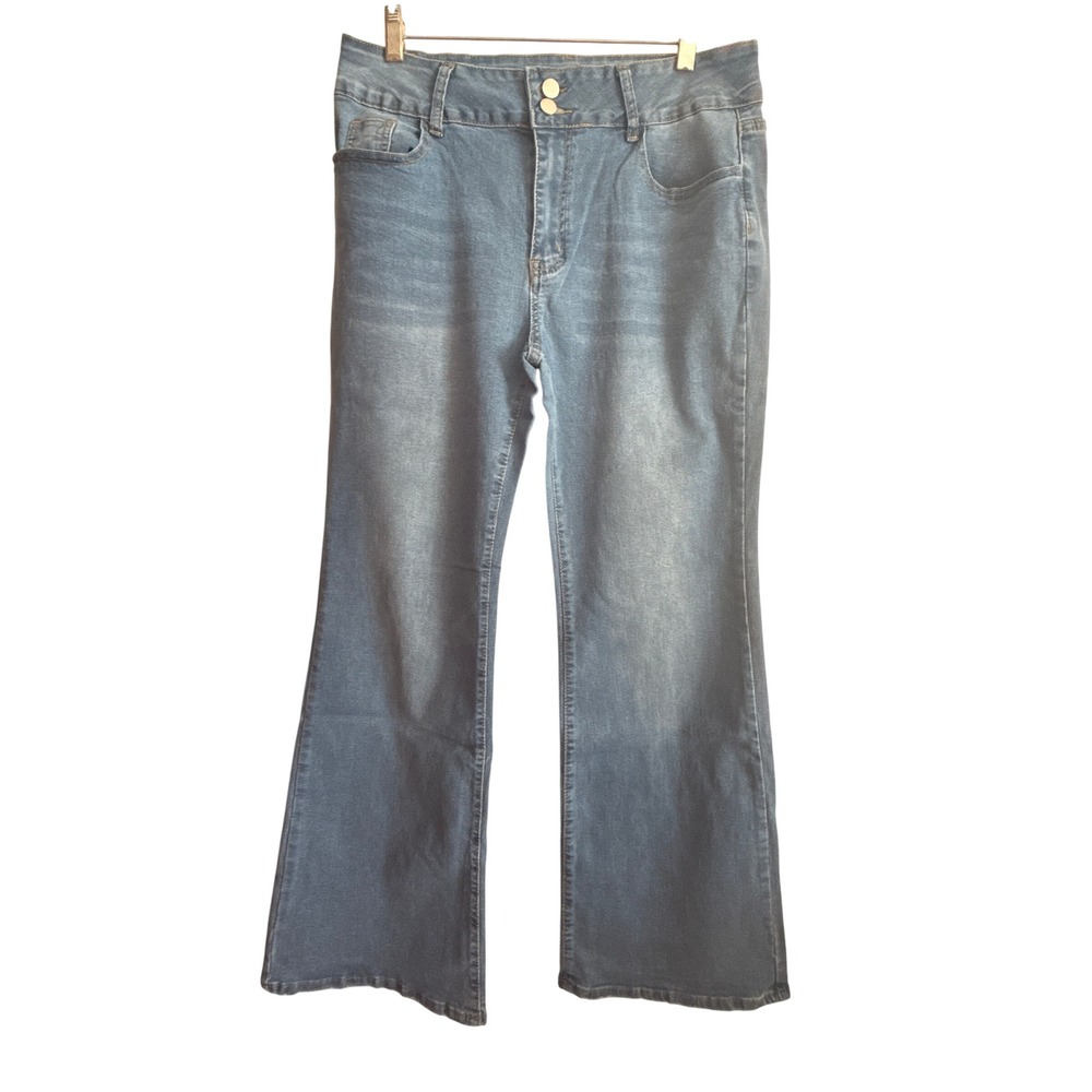 High Rise Double Button Flare Leg Jeans Medium Wash Denim 14